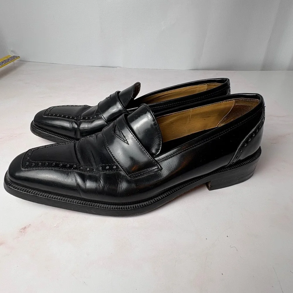 Santoni Fatte a Mano Handmade in Italy Men Black Leather Square Toe Loafers 37.5